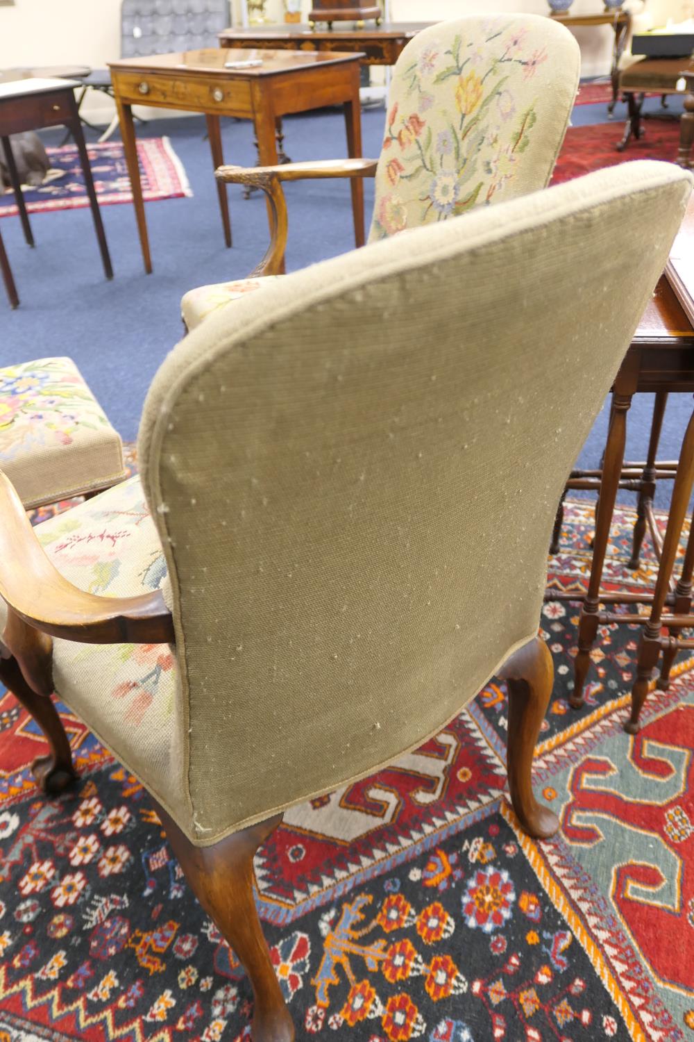 Pair of walnut and upholstered open armchairs, in the early Georgian style, the back and seat in - Image 7 of 10
