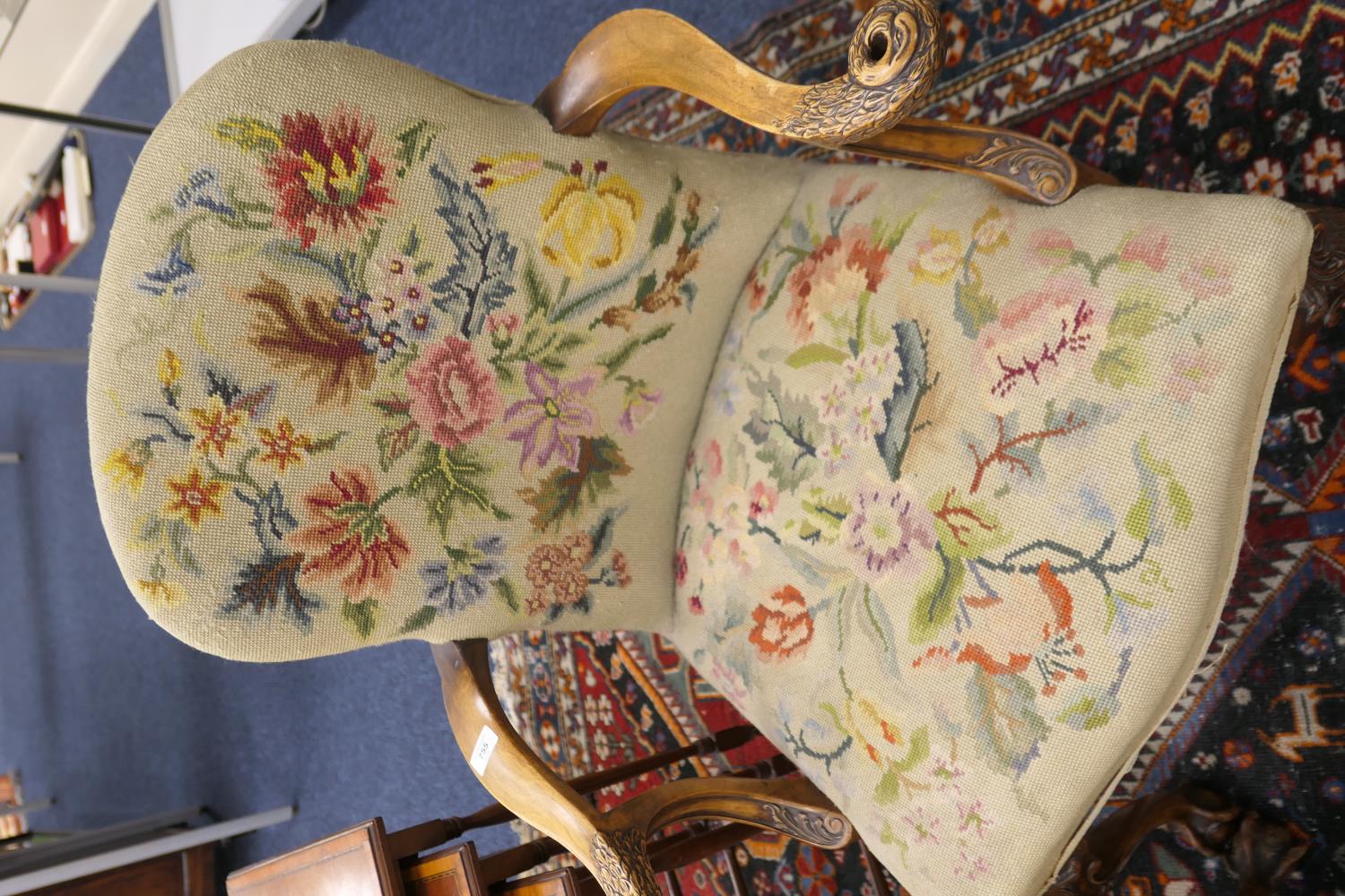 Pair of walnut and upholstered open armchairs, in the early Georgian style, the back and seat in - Image 8 of 10