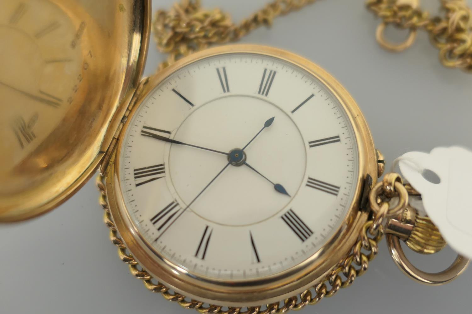 George V 9ct gold hunter pocket watch, Chester 1925, plain case, white enamelled 42mm dial with - Image 4 of 9