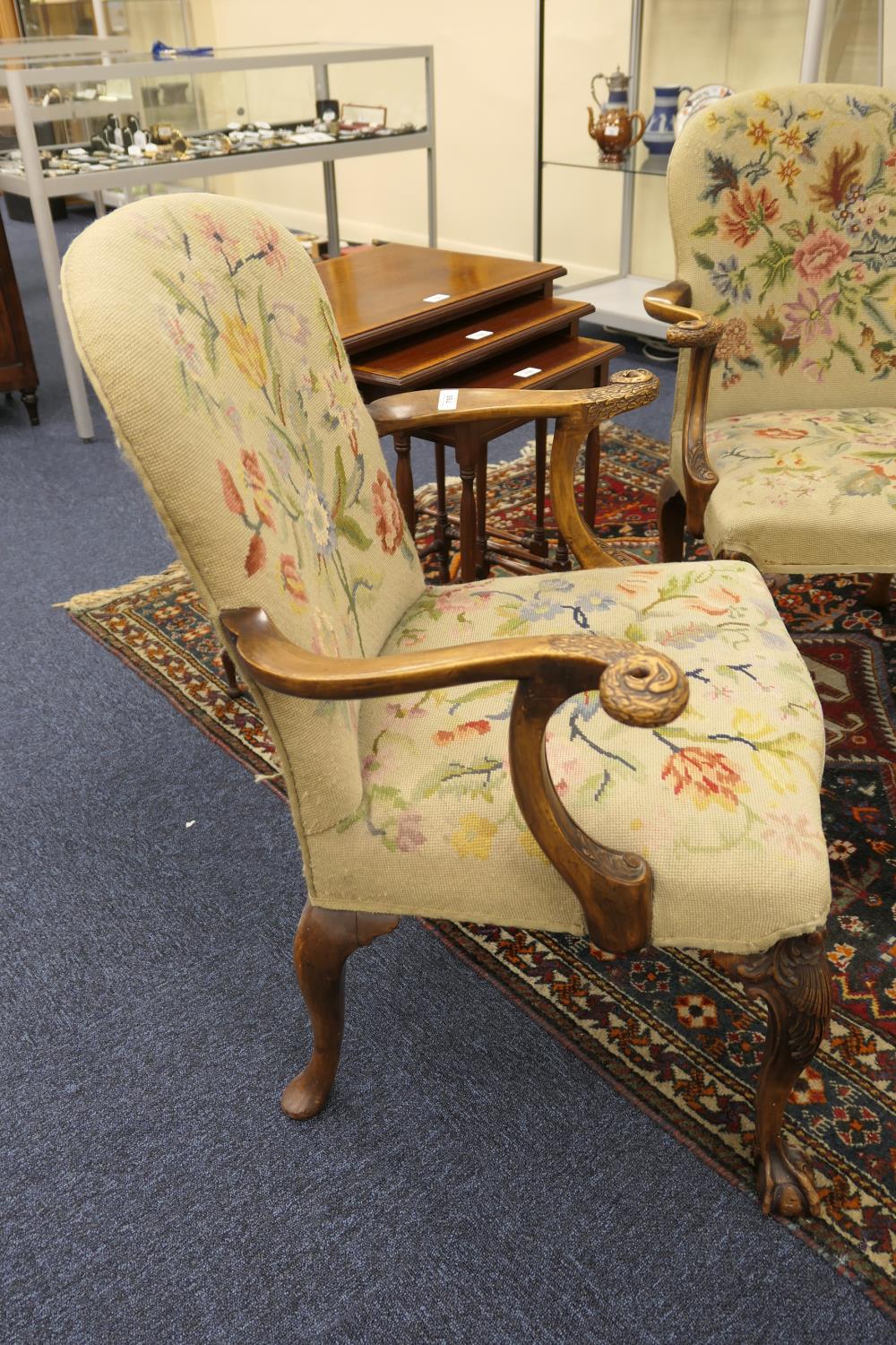 Pair of walnut and upholstered open armchairs, in the early Georgian style, the back and seat in - Image 10 of 10