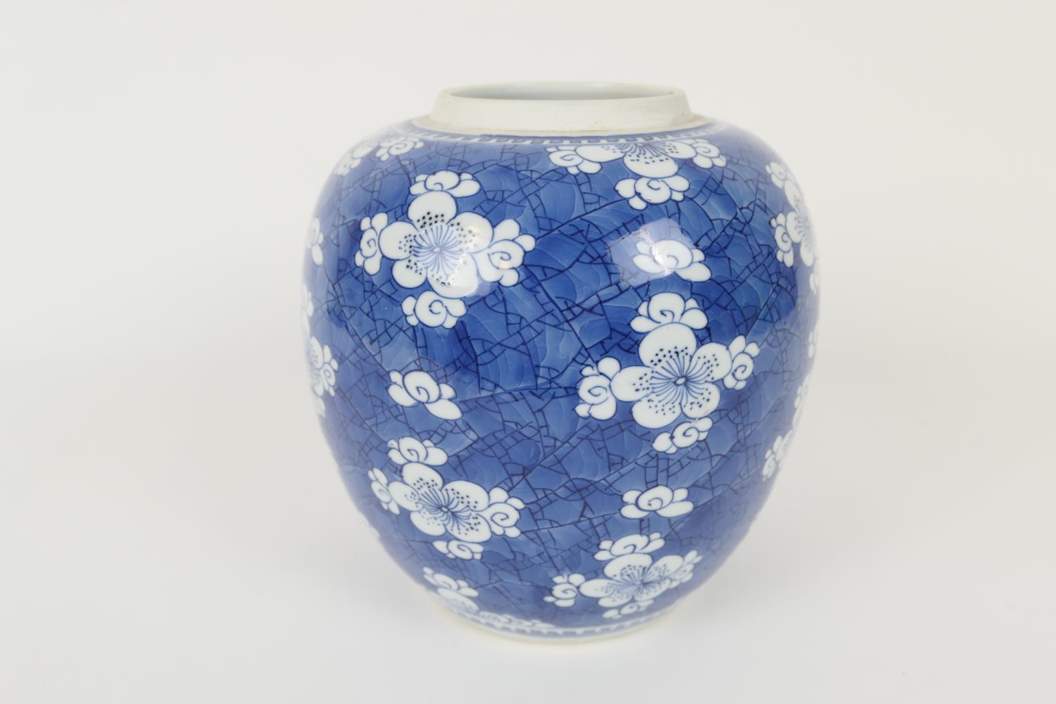 Chinese blue and white prunus and cracked ice ginger jar, 18th or 19th Century, height 21cm