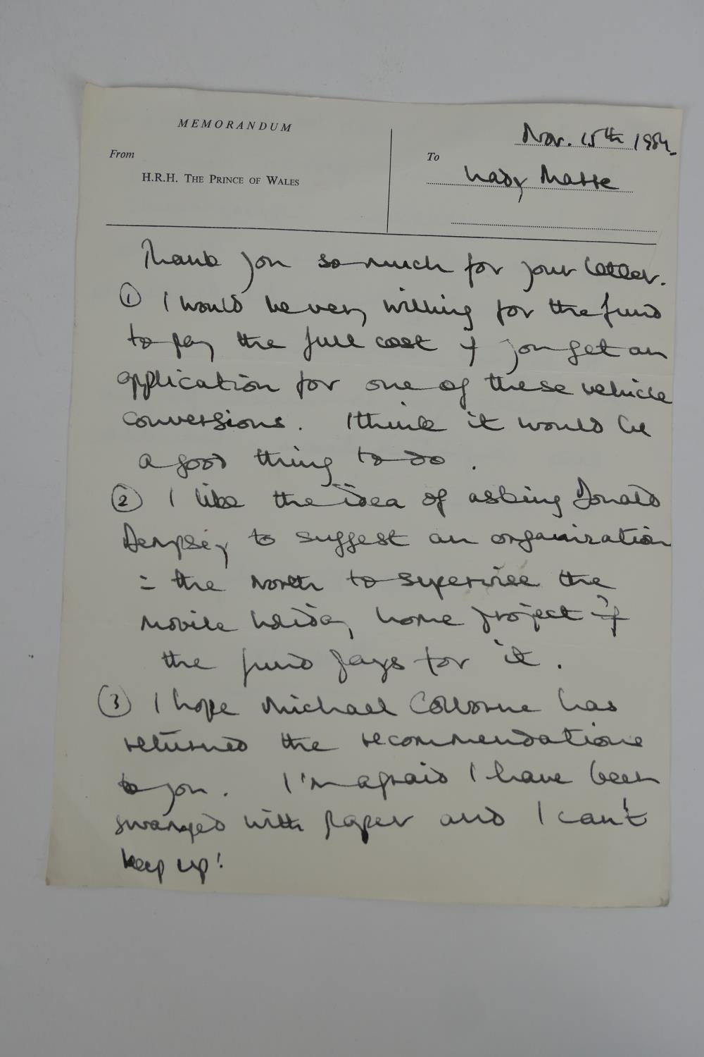 Charles III (b.1948 - ), hand written signed memorandum to Lady Marre, dated November 15th 1981,