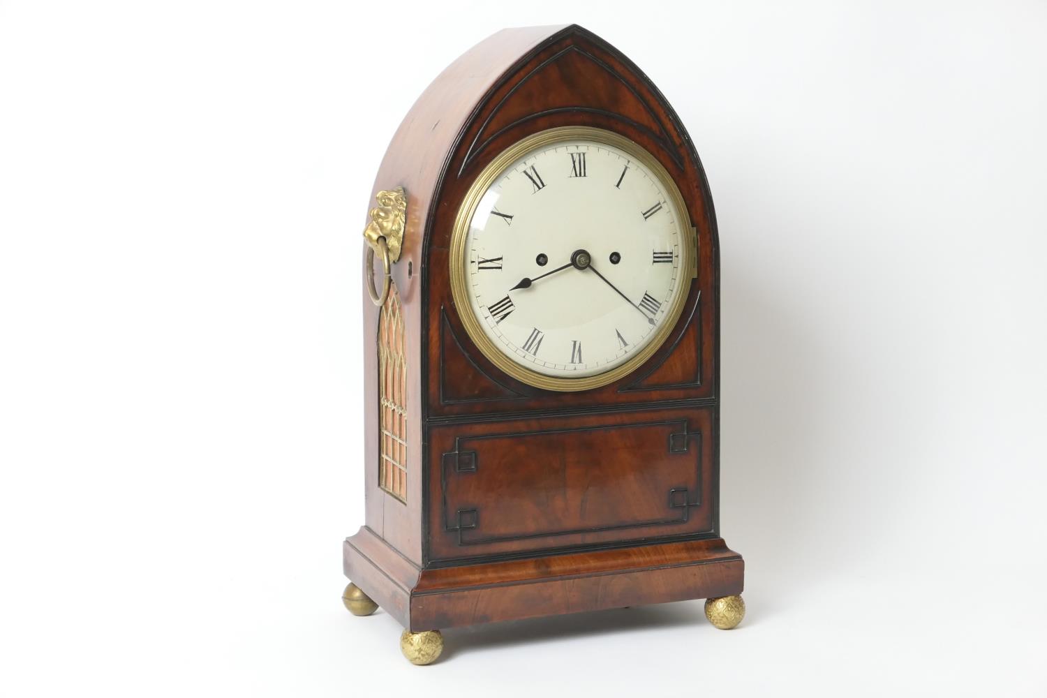 Isaac Fisher, London, Regency mahogany table clock, circa 1810, lancet shaped case with fine ebony