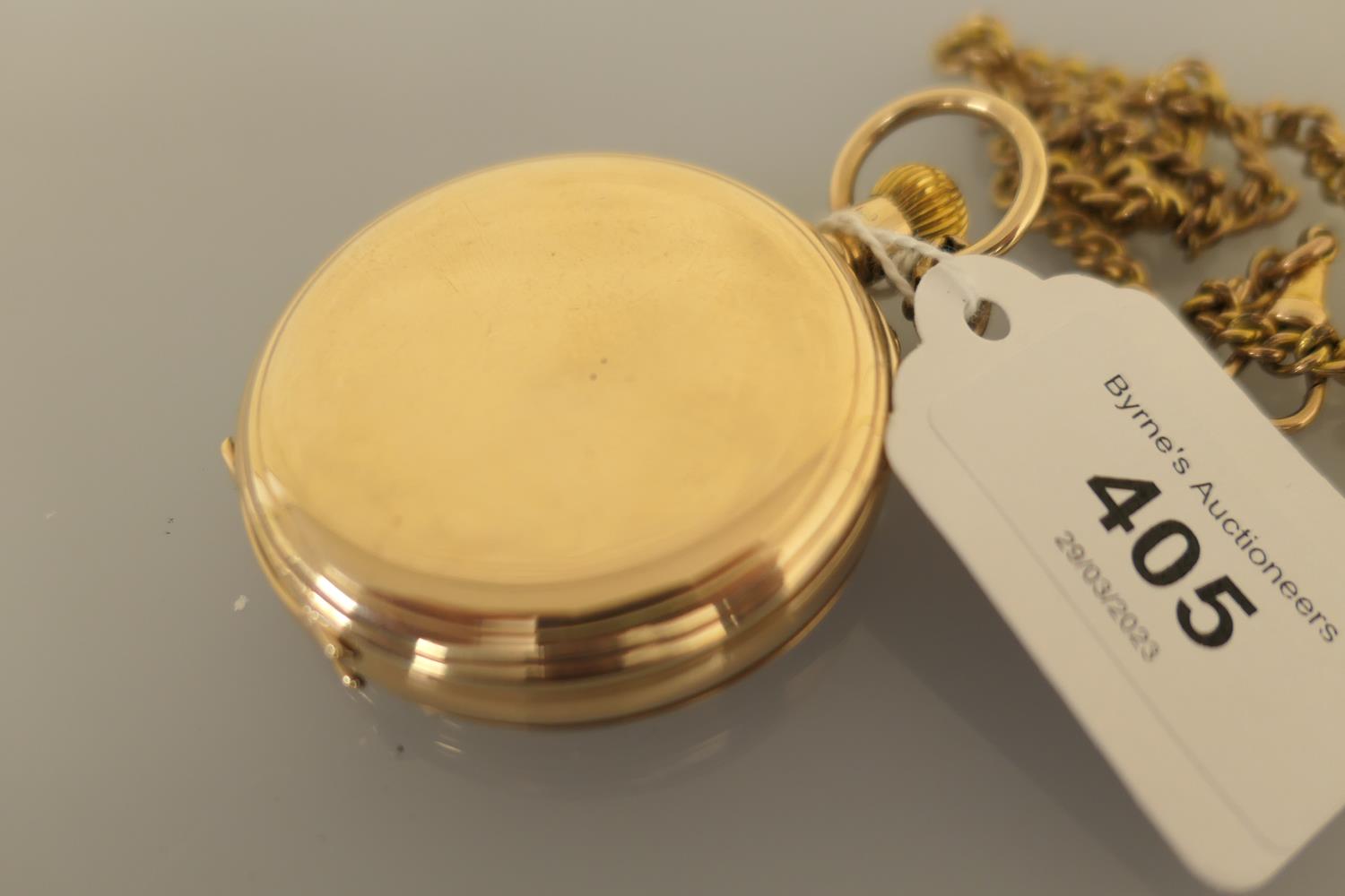 George V 9ct gold hunter pocket watch, Chester 1925, plain case, white enamelled 42mm dial with - Image 3 of 9