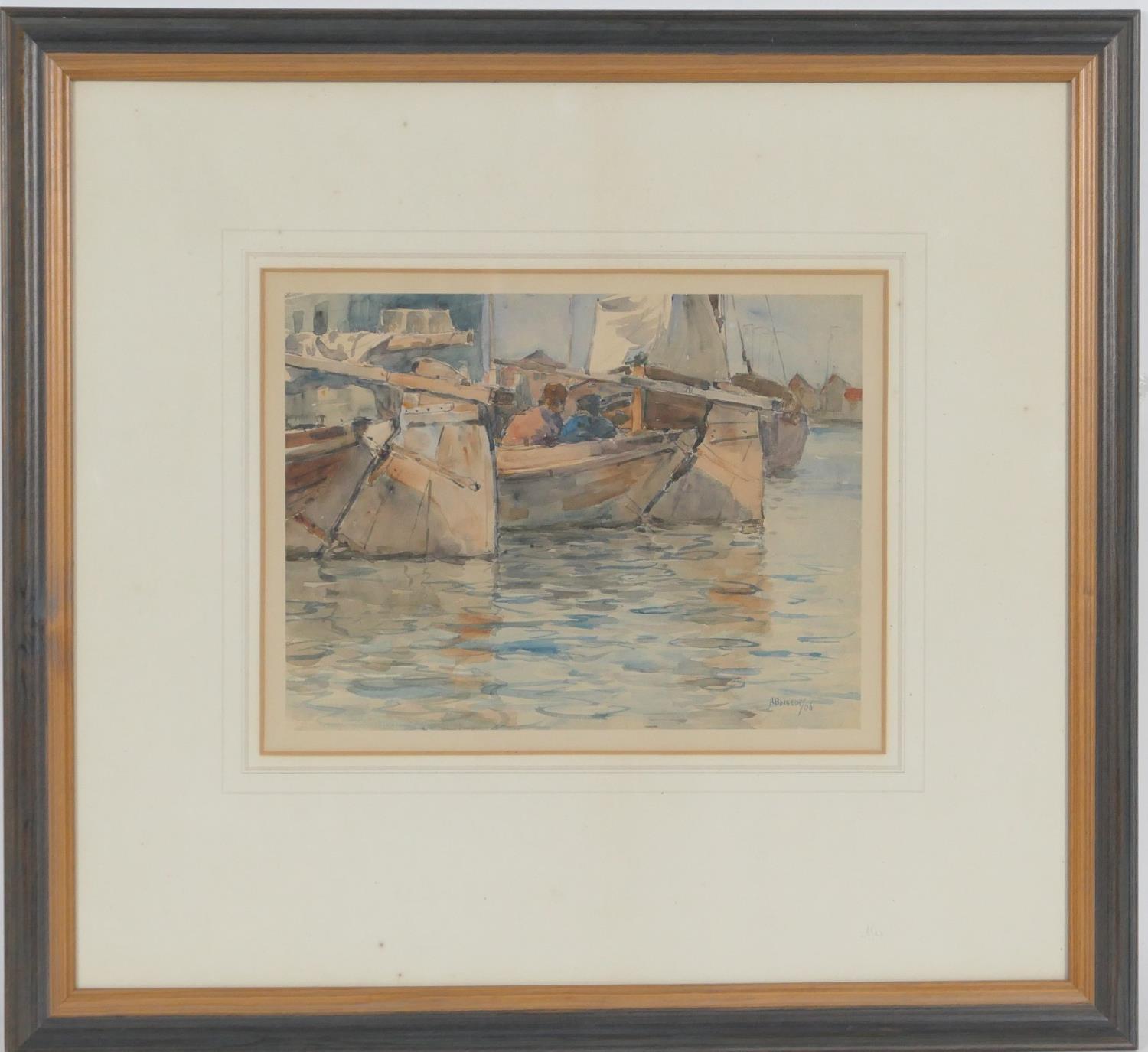 Arthur John Trevor Briscoe (1873-1943), Moored fishing boats, watercolour, signed and dated 1906,