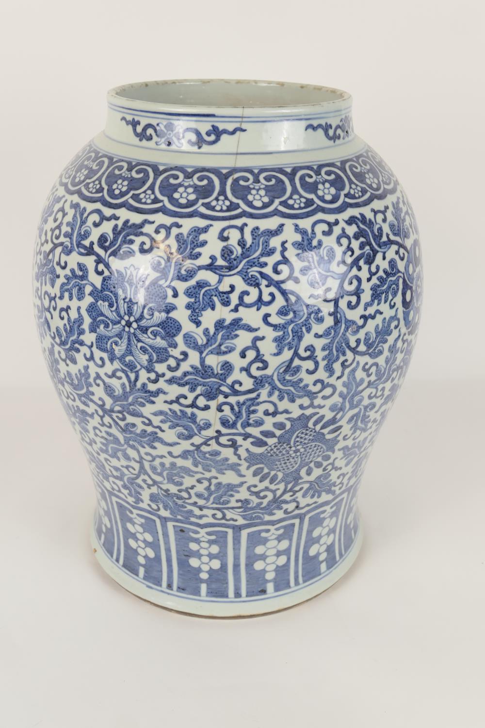 Chinese large blue and white jar, in Ming style, 19th Century, decorated with stylised flowers and - Image 2 of 12