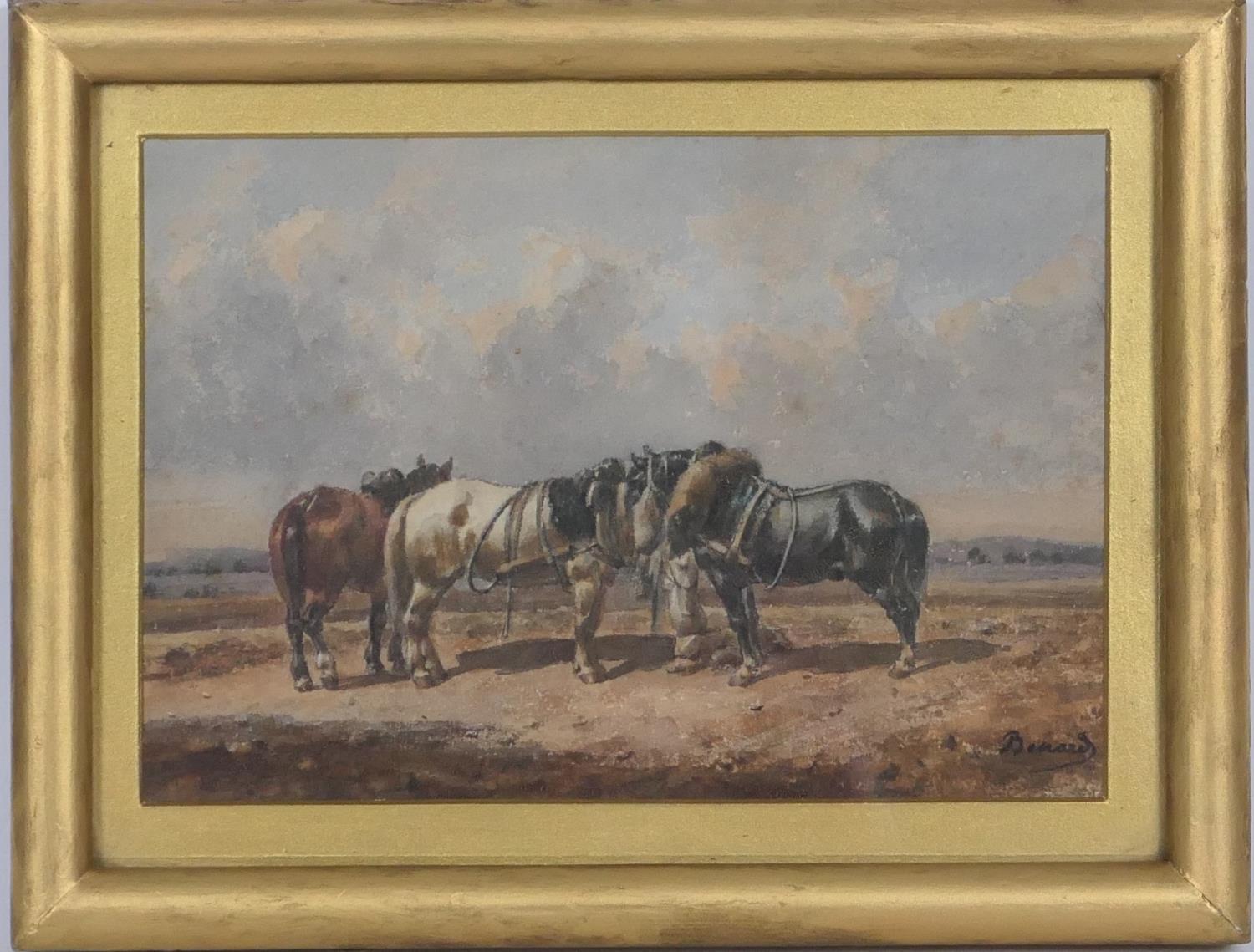 Auguste Sebastien Benard (1810-73), Heavy horses resting, watercolour, signed, 15cm x 21cm