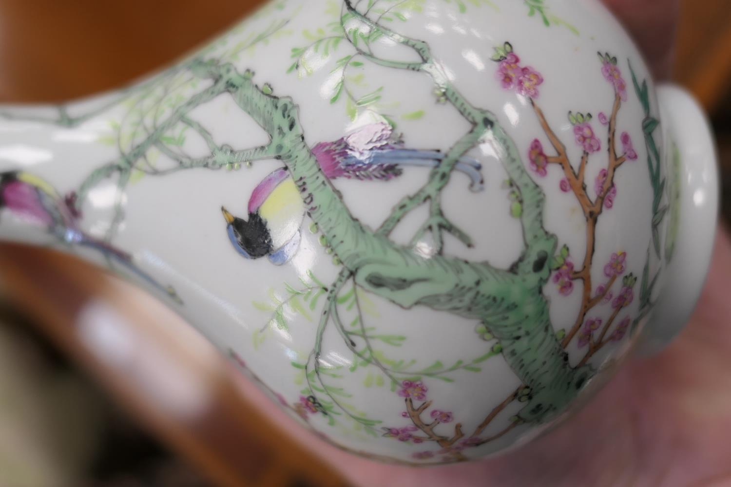 Chinese Republic lotus bud vase, decorated with birds amidst branches, and prunus rock, in famille - Image 3 of 3