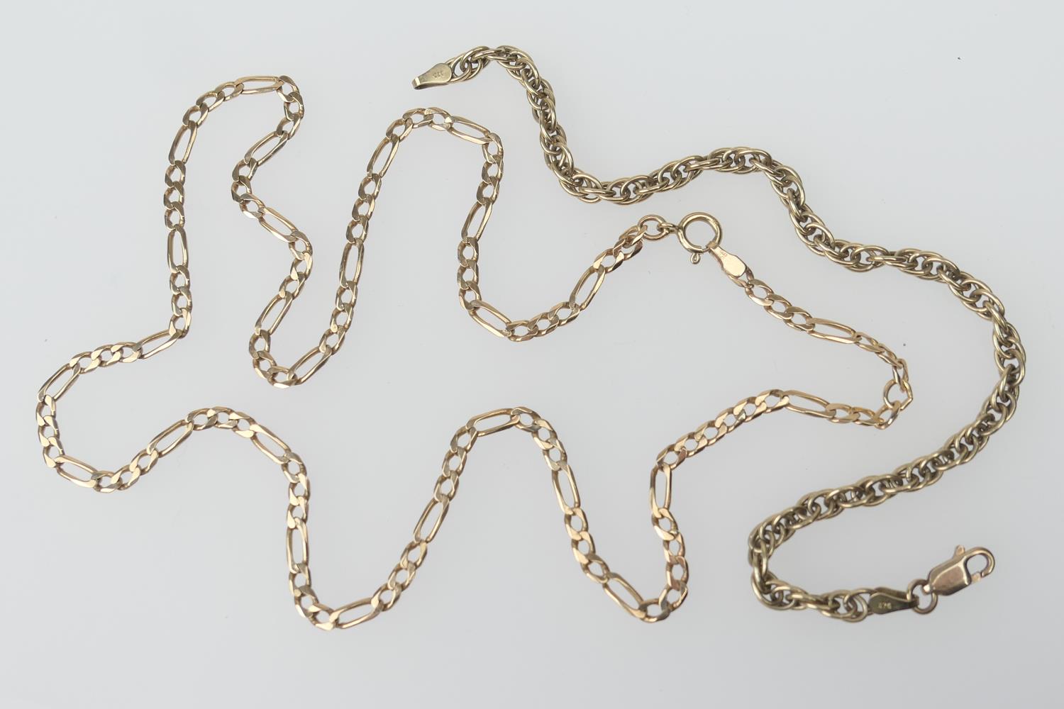 9ct gold chain link bracelet, with lobster claw clasp, length 20cm, also a 9ct gold figaro linked
