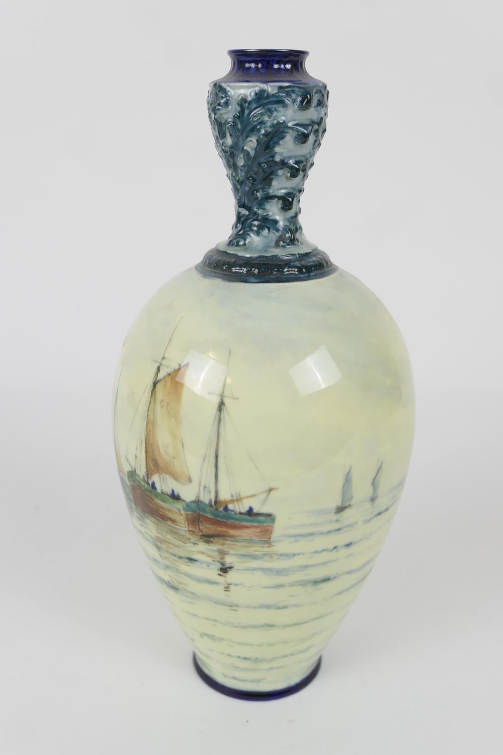Royal Crown Derby hand decorated vase, circa 1898, ovoid form with leaf moulded neck, the body