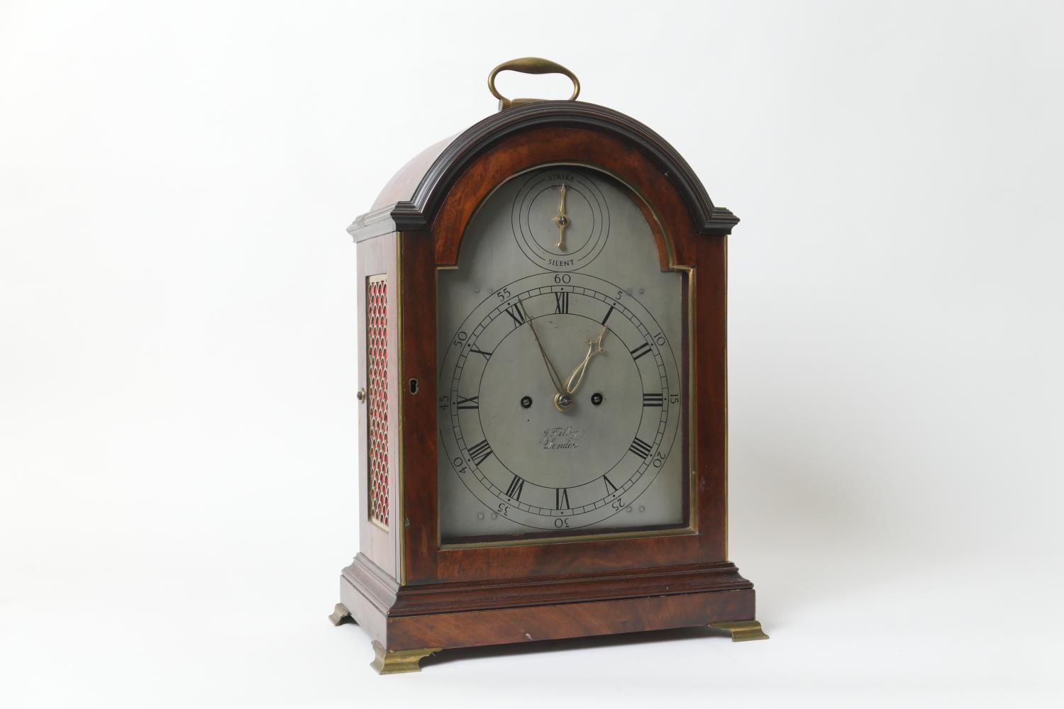 John Tilby, London, George III mahogany table clock, circa 1780, the domed top with brass handle,