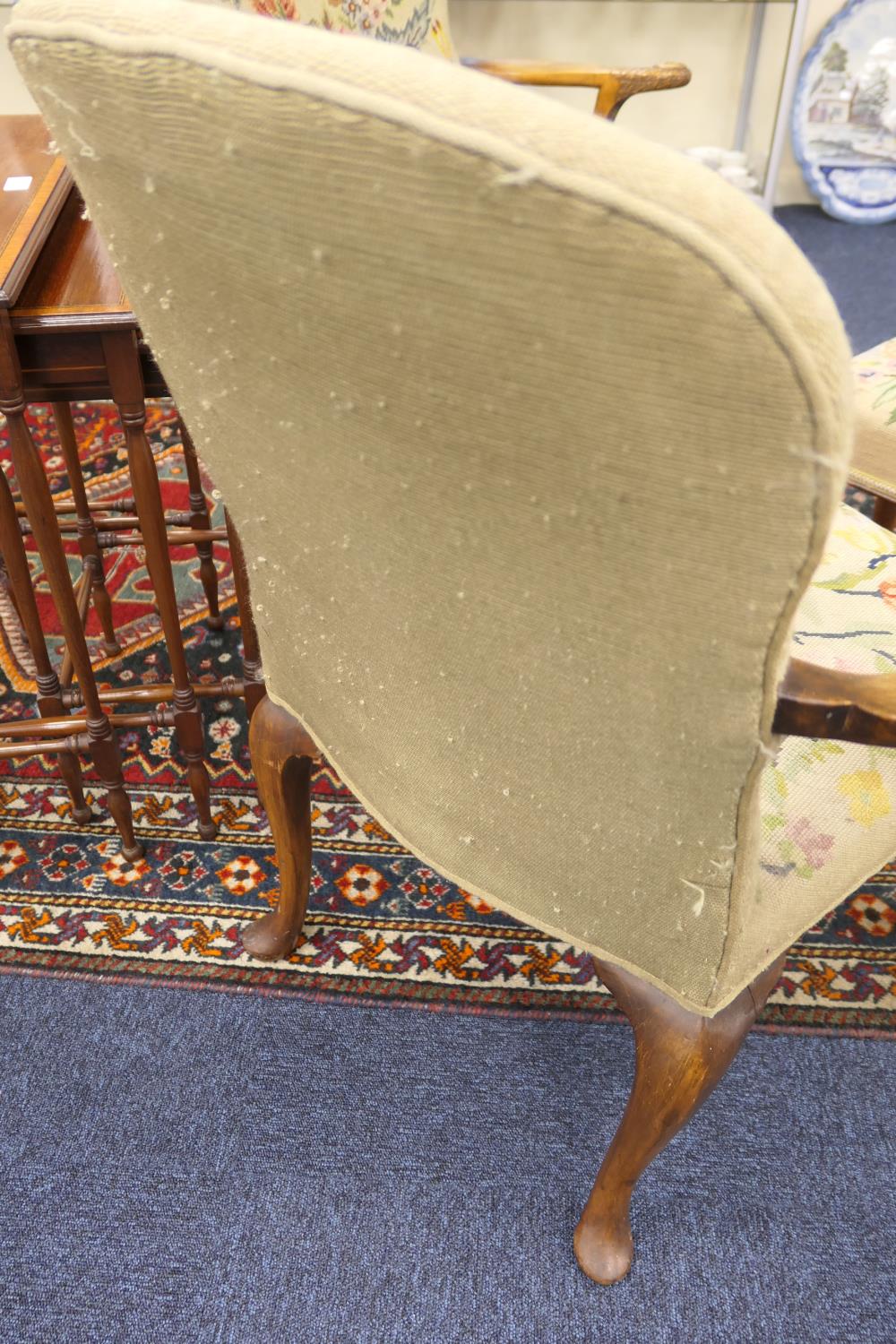 Pair of walnut and upholstered open armchairs, in the early Georgian style, the back and seat in - Image 5 of 10