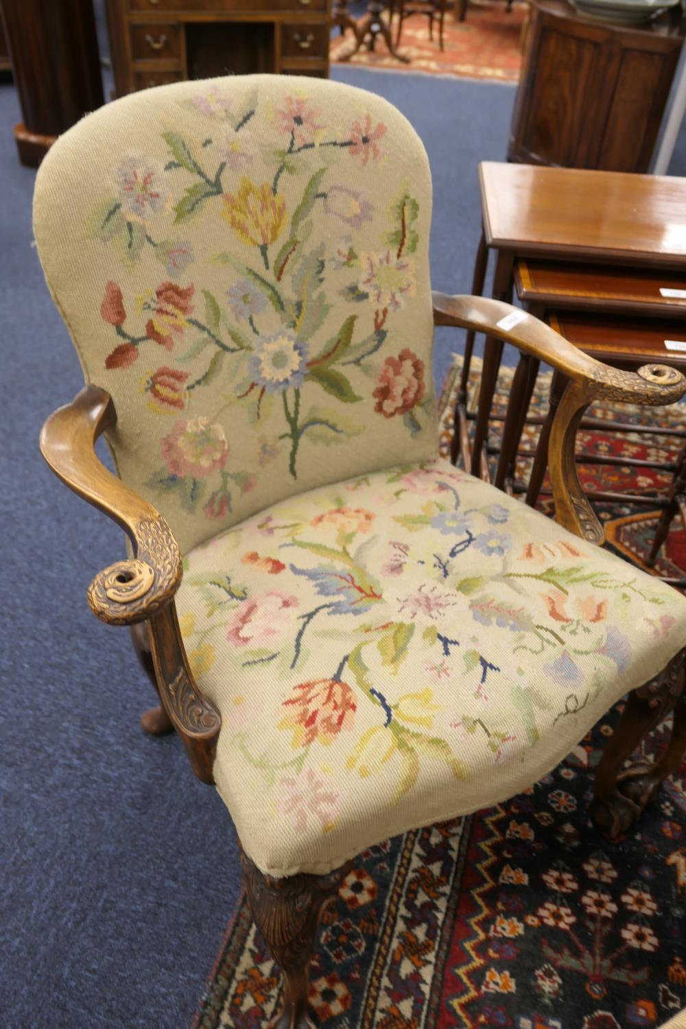 Pair of walnut and upholstered open armchairs, in the early Georgian style, the back and seat in - Image 2 of 10