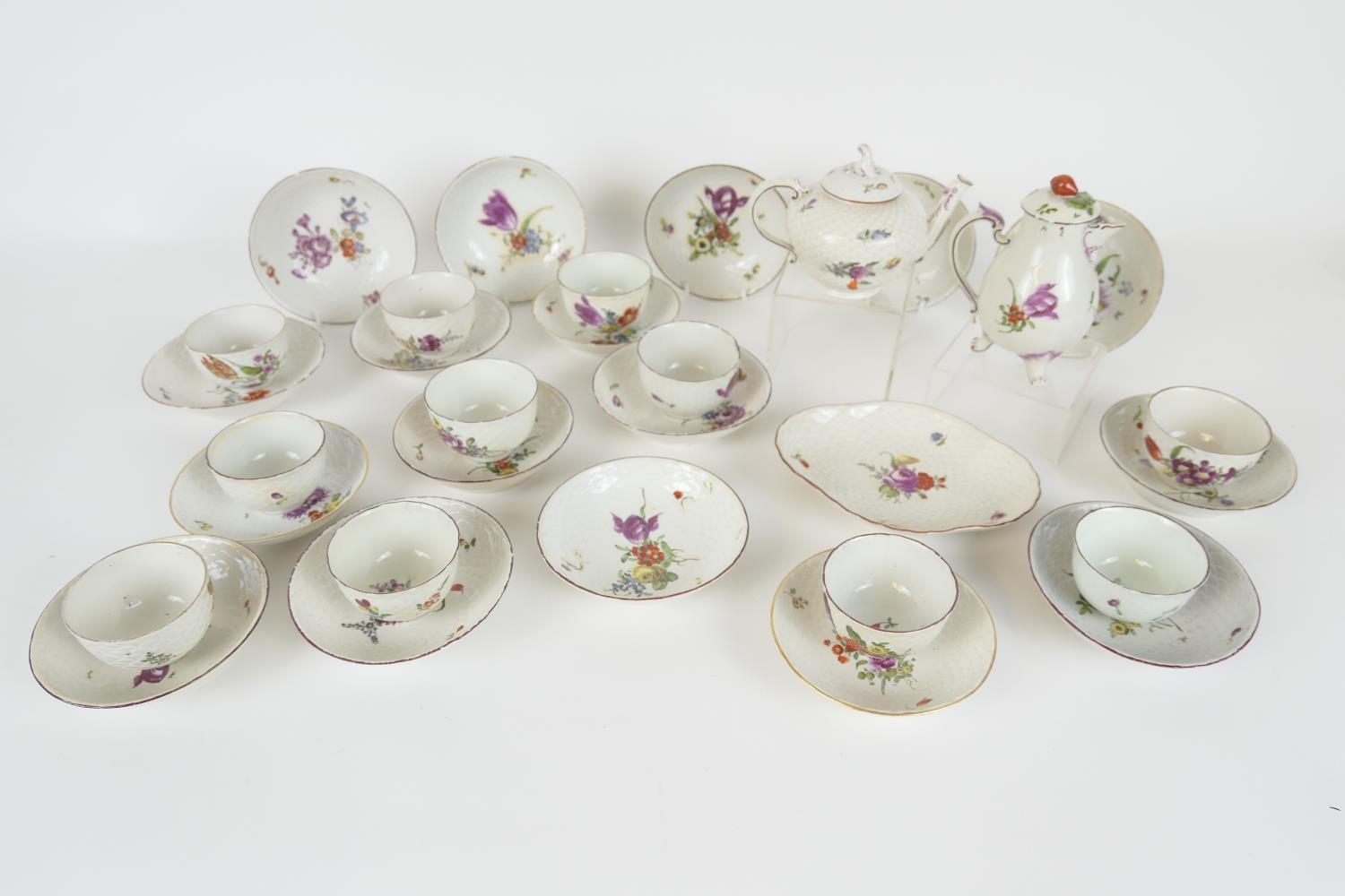 Quantity of Ludwigsburg porcelain tea wares, decorated throughout with Deutsche Blumen against a