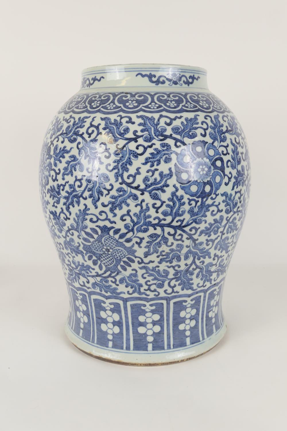 Chinese large blue and white jar, in Ming style, 19th Century, decorated with stylised flowers and