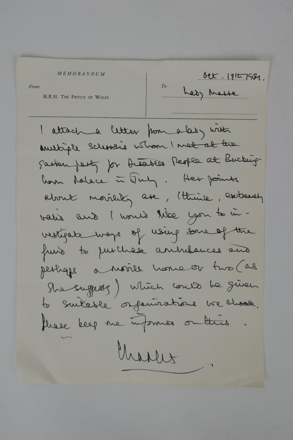 Charles III (b.1948 - ), a personal hand written signed memorandum to Lady Marre, dated October 19th