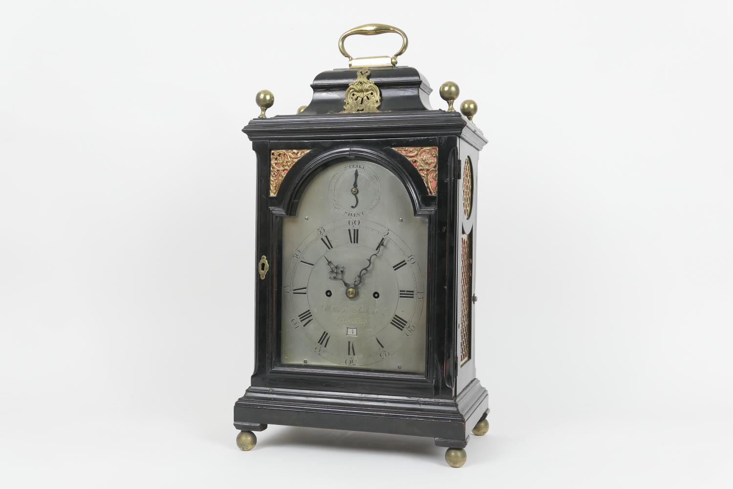 William Robbins, London (circa 1779-1816), George III ebonised table clock, with caddy top centred