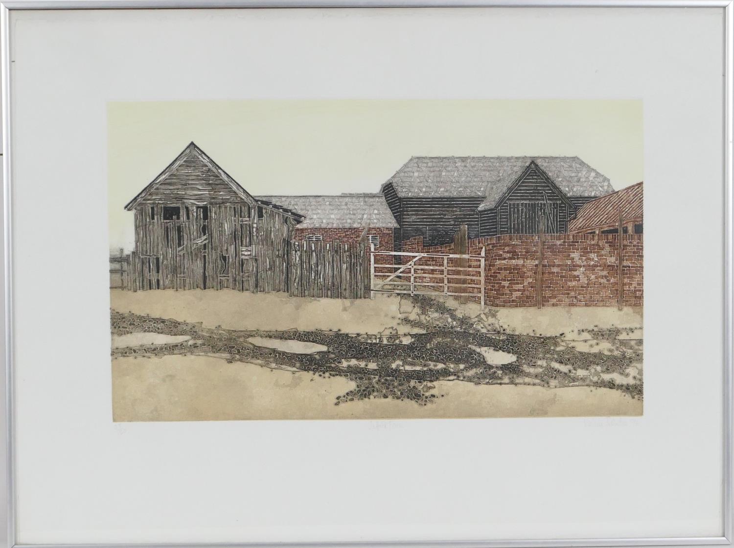 Valerie Thornton (1931-1991), Suffolk Farm, limited edition lithograph, numbered 28/150, signed in