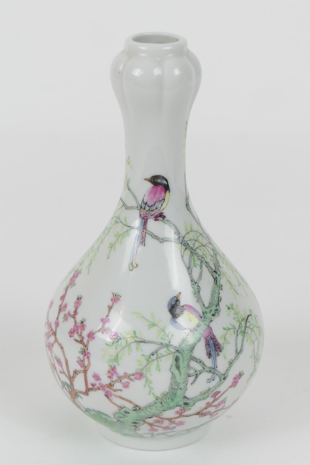 Chinese Republic lotus bud vase, decorated with birds amidst branches, and prunus rock, in famille