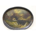 Victorian papier mache oval serving tray, in the manner of Jennens and Bettridge, decorated with a