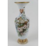 French hand decorated milk glass vase, late 19th Century, shouldered ovoid form with a trumpet