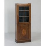 Mahogany and inlaid pillar display cabinet, having a single glazed door with boxwood and ebony