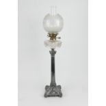 Victorian silver plated Corinthian column table lamp, frosted globular shade (af) over a cut clear