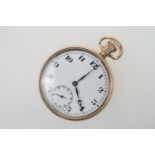 George V 9ct gold open faced pocket watch, Birmingham 1926, white enamelled 43mm dial with Arabic
