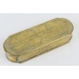 Dutch Gouda brass tobacco box, the hinged cover engraved with a view of the town, the base inscribed