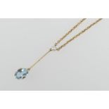 Blue stone and pearl pendant necklace, in 9ct gold, the oval stone probably aquamarine, approx.