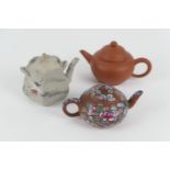 Chinese Yixing miniature teapot, height 7cm; also a further enamelled Yixing teapot, 6cm and another