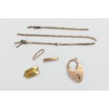 Small amount of scrap gold comprising: 9ct gold padlock clasp, small length of unmarked gold chain