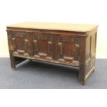 18th Century oak panelled coffer in the Jacobean style, width 142cm, height 81cm, depth 60cm (NB: