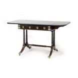 Late Regency rosewood and inlaid sofa table, the top with two drop leaves with brass line inlay,