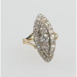 Diamond marquise cluster ring, centred with a round cut diamond of approx. 0.5ct, bordered with