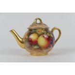 Royal Worcester fruit decorated small teapot and cover, circa 1945 - 55, decorated with apples and