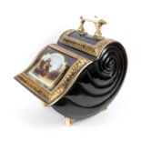 Victorian toleware coal scuttle, circa 1870, of shell form, the sloping front with a gilded and