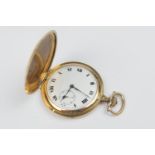 Swiss gold plated slimline hunter pocket watch, white enamelled dial with Roman numerals, subsidiary