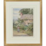 Henry John Sylvester Stannard (1870-1951), Child and kitten before a thatched cottage,