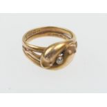 Victorian 15ct gold and diamond double serpent ring, Birmingham 1891, centred with a small round cut