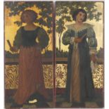 Pair of painted and gilded wooden panels, in the Arts and Crafts style, each depicting a young