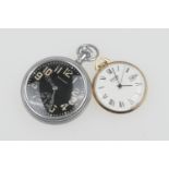 Waltham Aviators chromed metal pocket watch, black dial with lume Arabic numerals, subsidiary