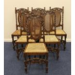 Set of six Victorian oak Carolean Revival dining chairs with caned backs and seats, height 106cm (