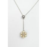 Diamond and pearl pendant necklace, the flowerhead pendant centred with an old round cut diamond