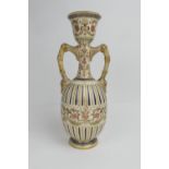 Zsolnay Pecs Persian style vase, twin handled trumpet neck over an ovoid body, fluted and