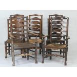 Harlequin set of ash ladderback dining chairs, 19th Century, comprising a pair of armchairs with