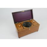 Late George III satinwood tea caddy, rectangular form opening to reveal lidded caddy interior,