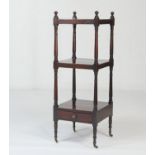 Mahogany whatnot, circa 1820-40, square form with three shelves supported on turned and ringed