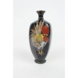 Japanese cloisonne miniature vase, decorated with a cockerel against a deep blue ground, height