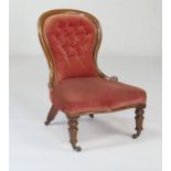 Victorian walnut and upholstered lady's spoon back chair, circa 1870-90, raised on turned forelegs